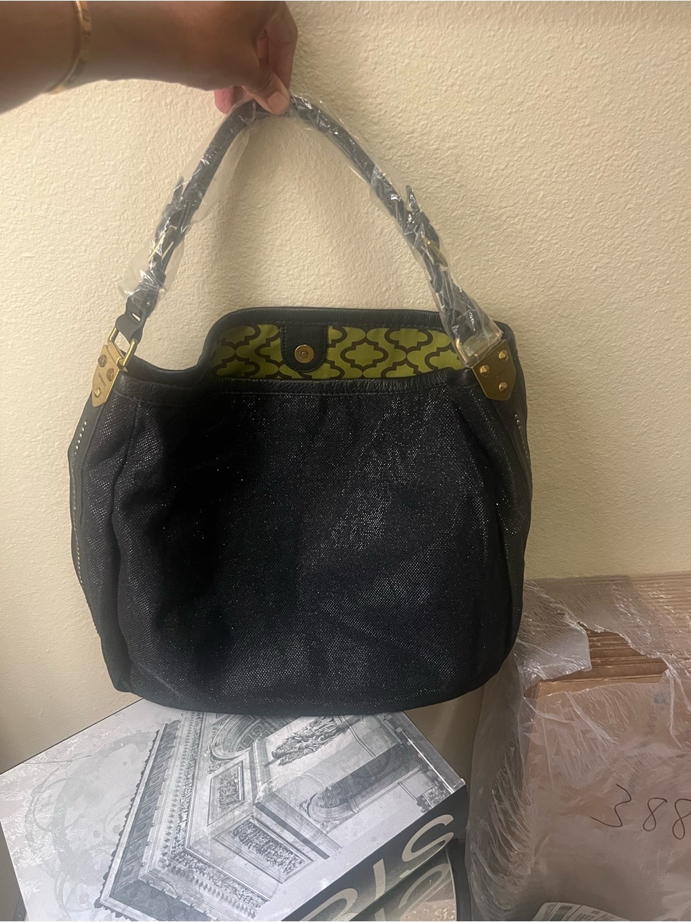 Large Oryany Hobo Bag with Green Patterned Lining